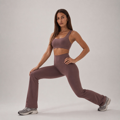 Pantalon de yoga droit effet peau de pêche marron