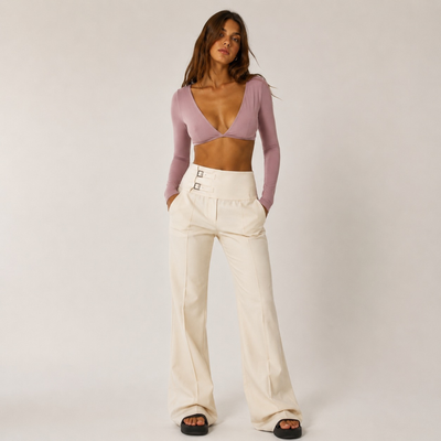 Pantalon droit chiné à taille asymétrique