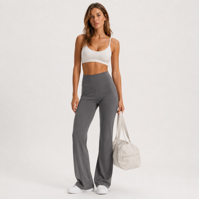 Pantalon de yoga droit effet peau de pêche gris foncé