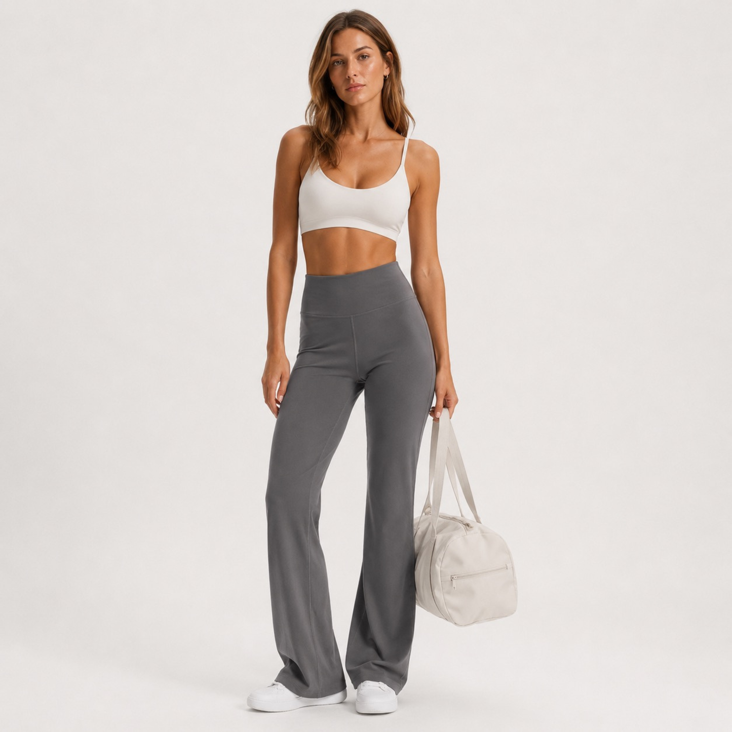 Pantalon de yoga droit effet peau de pêche gris foncé