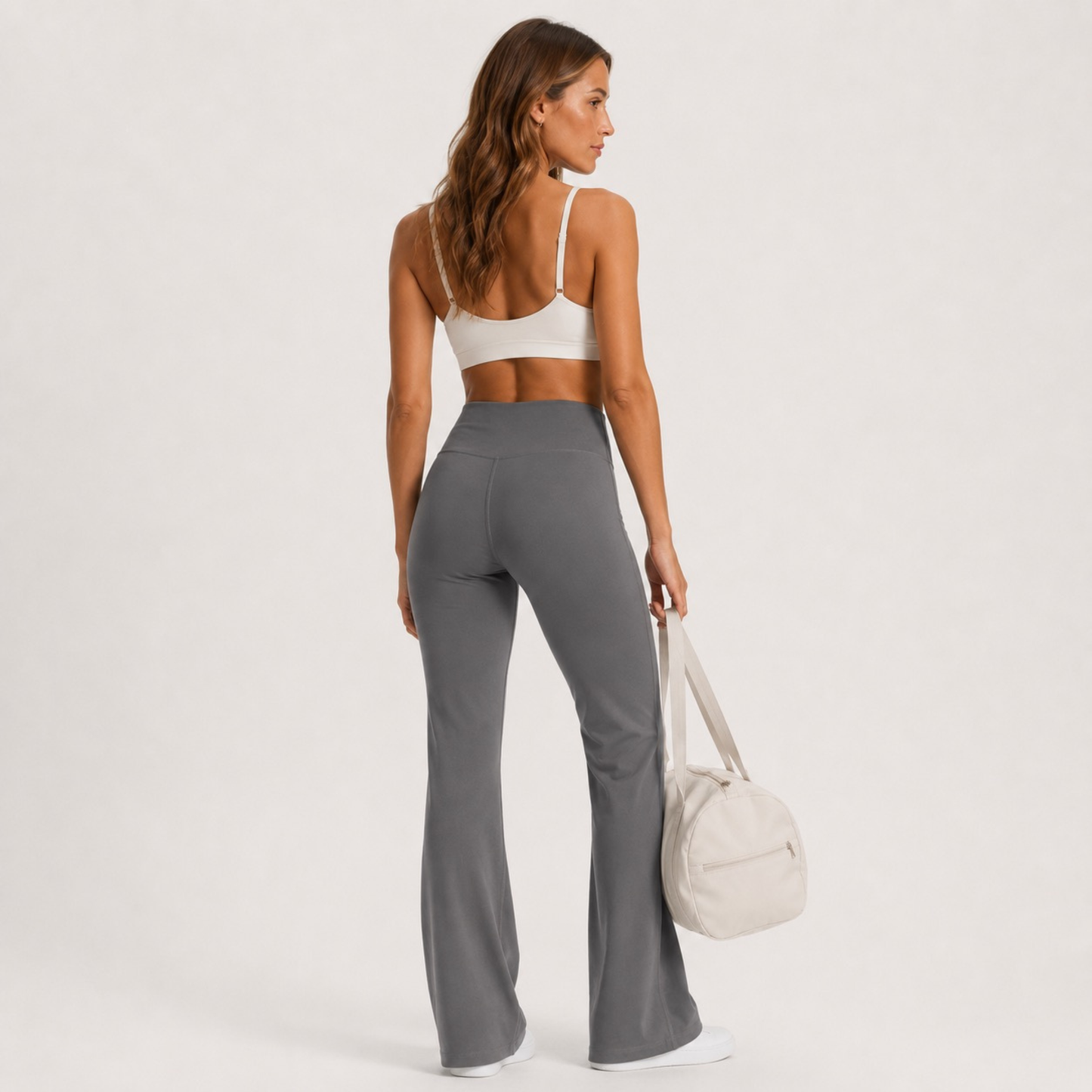 Pantalon de yoga droit effet peau de pêche gris foncé