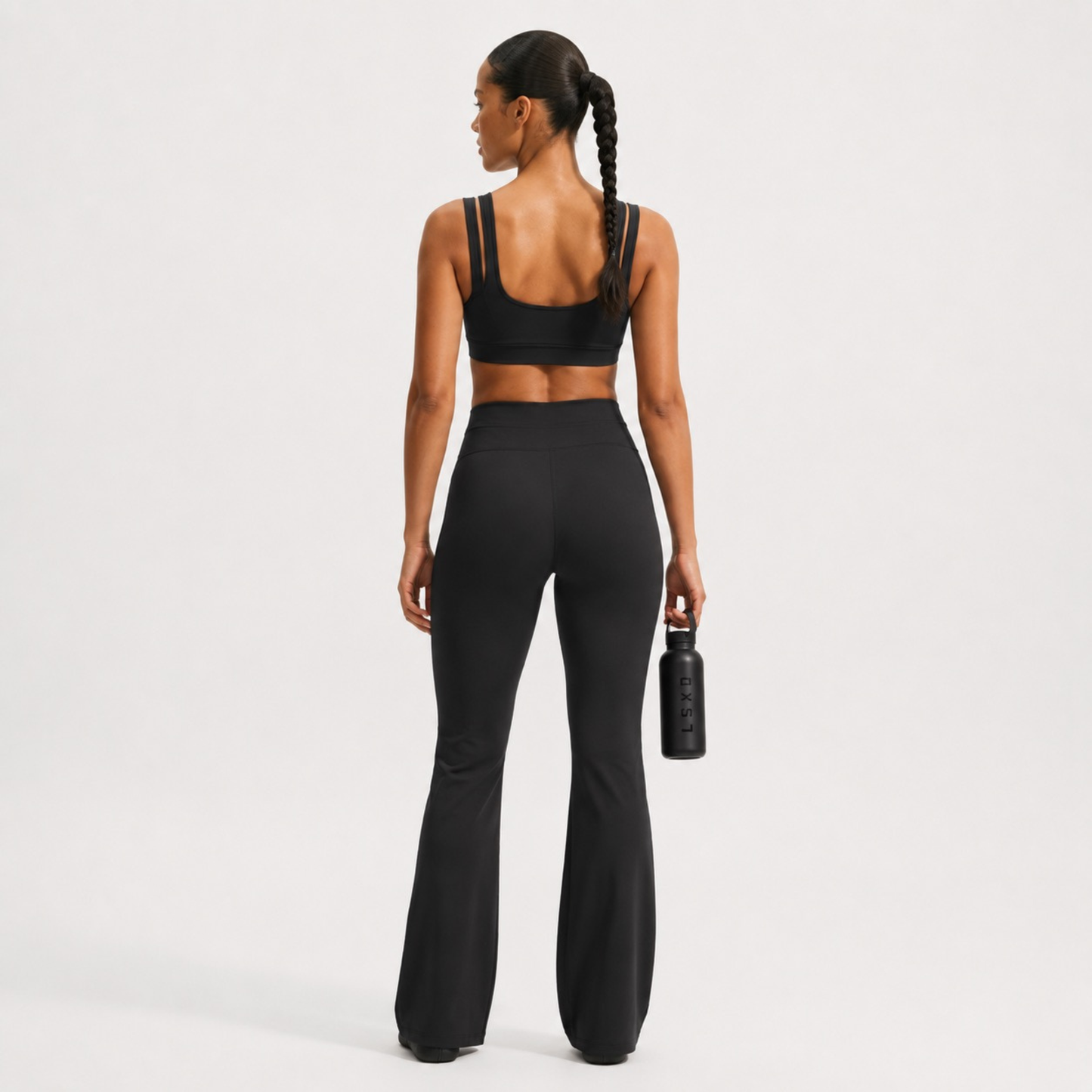 Pantalon de yoga droit effet peau de pêche noir