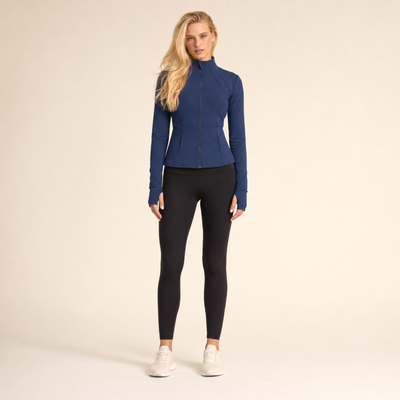 Veste de yoga cintrée zippée bleu foncé